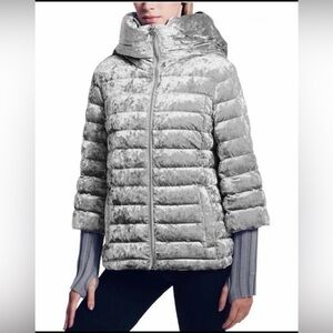 DKNY Silver Crushed Velvet Quilted Hooded Puffer Jacket